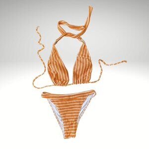 Somerfield Swim Orange White Striped Bikini High Waist Medium Ribbed Set